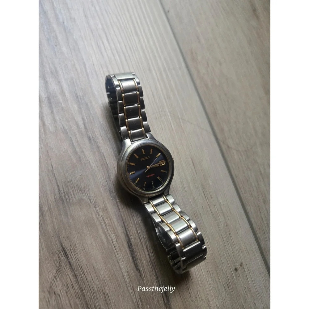 Seiko Titanium Watch Mens Blue Sunburst Dial Two Tone Quartz Minimalist